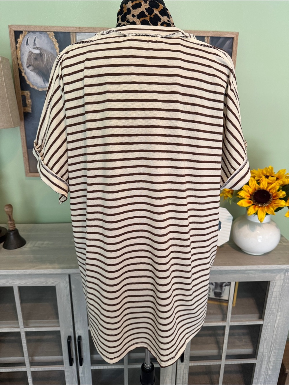 Grace & Emma Striped V-Neck Short Sleeve Top - Cream & Brown Sz XL - Picture 3 of 7